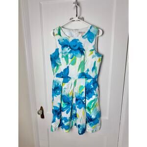 Dressbarn Dress Women's 10 Blue White Short A-line Sleeveless Pleated Dressy